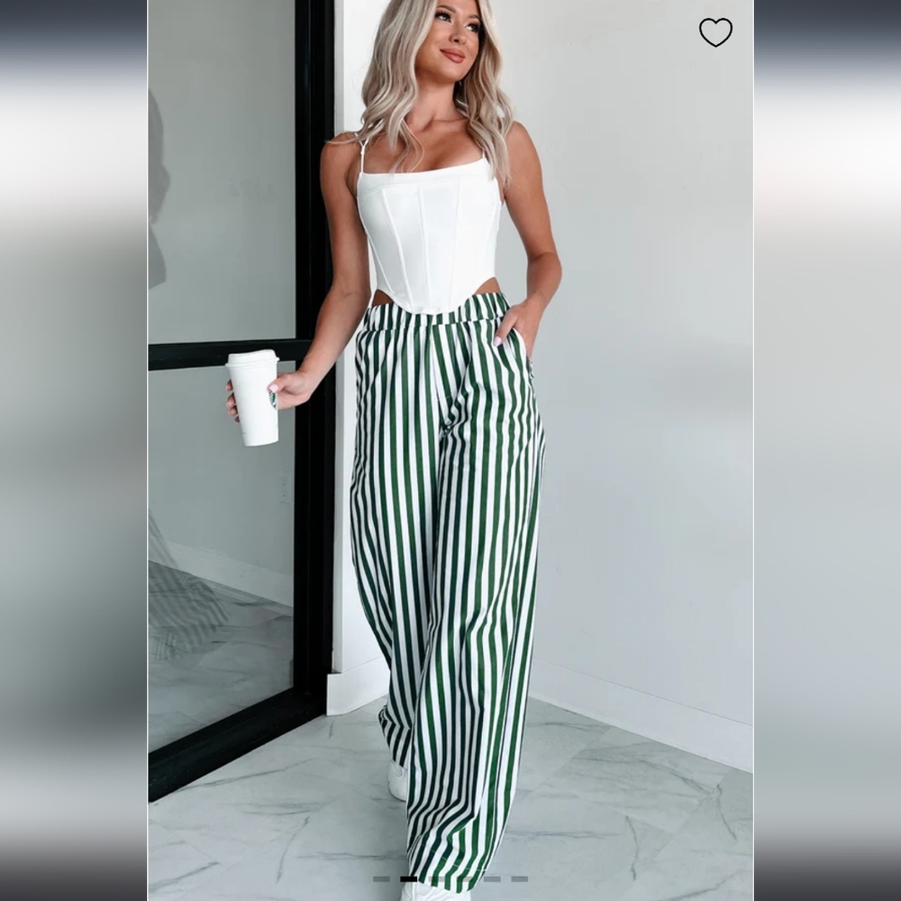 emory park Green and White Wide Leg Striped Pants